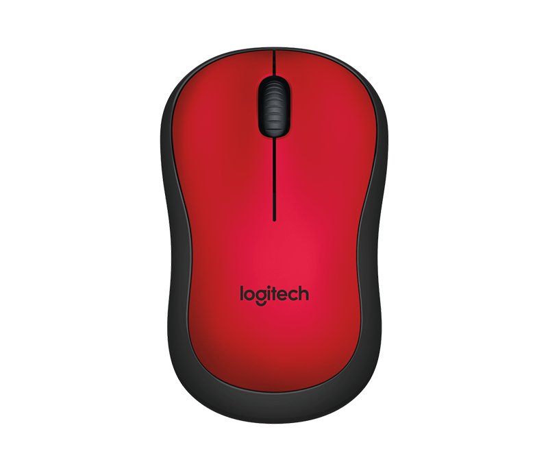 Piros-fekete Logitech egér, felülnézet. Fekete háttér.