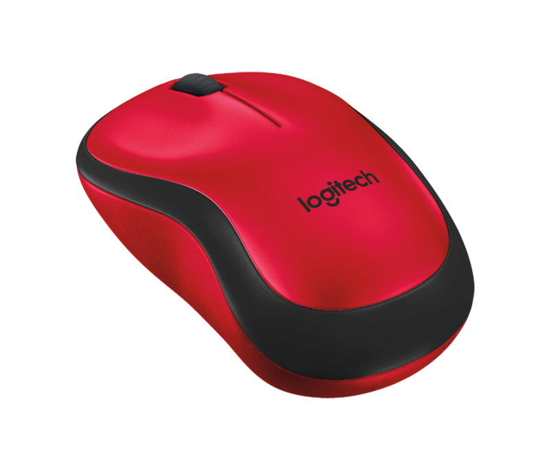 Piros-fekete vezeték nélküli egér, Logitech márka, fekete háttéren. Fekete gomb a tetején.