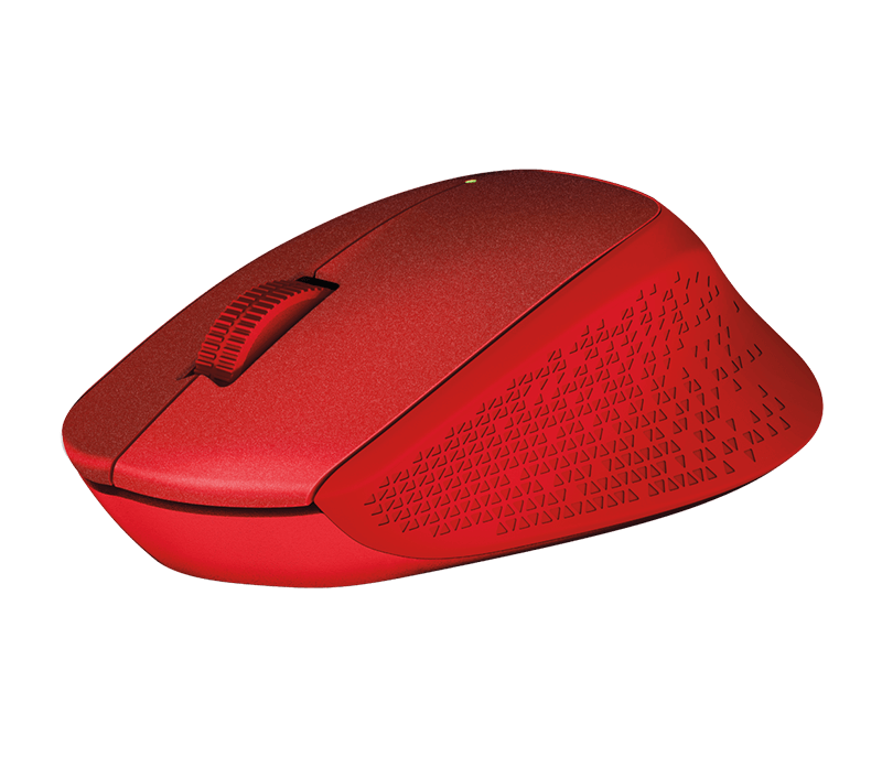 Kırmızı Logitech kablosuz fare. Kaydırma tekerleği ve dokulu yüzey. Siyah arka plan.