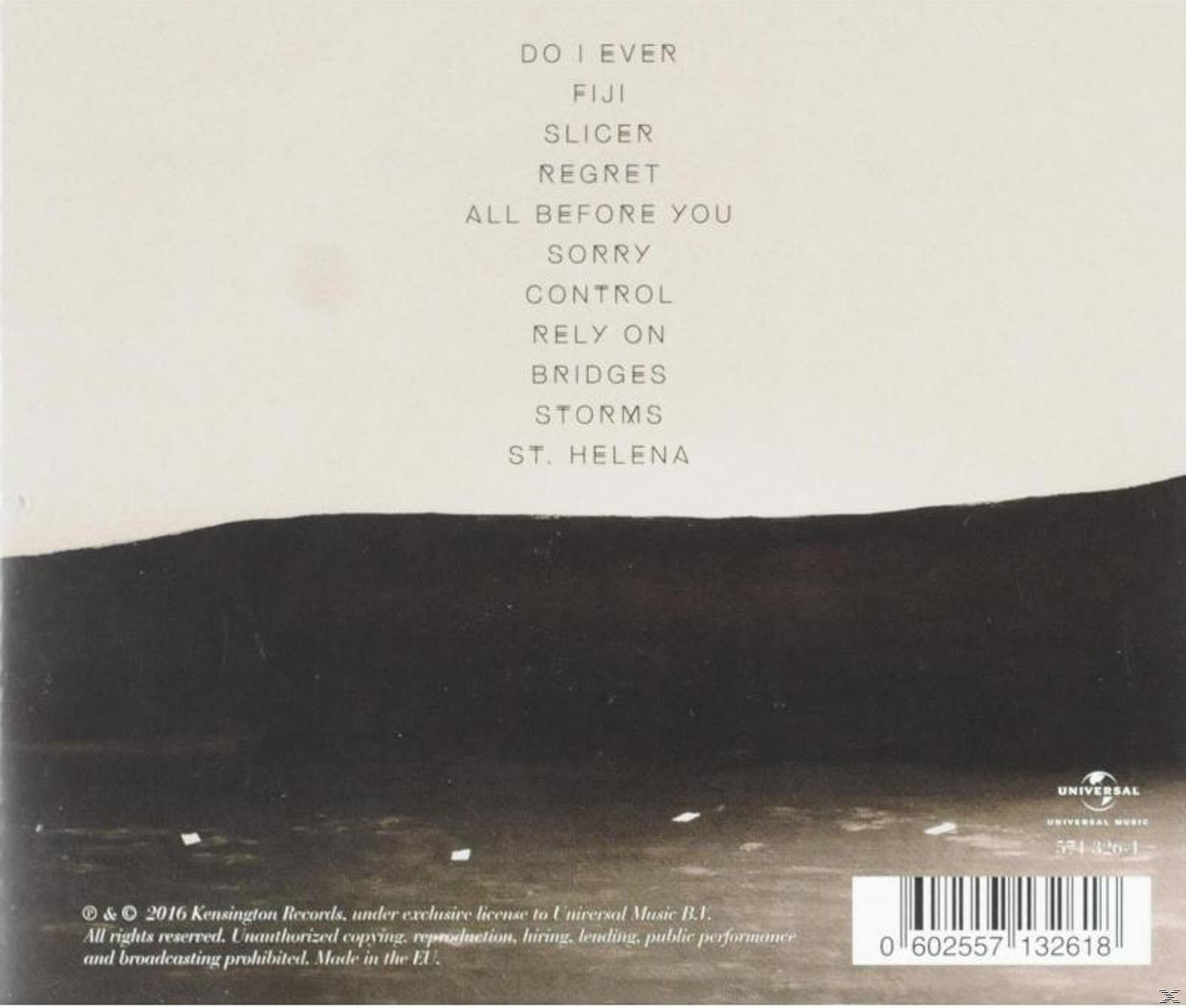 Albumcover mit weißem Text auf schwarzem Landschaftshintergrund. Der Text listet Songtitel auf. Universal Music-Logo und Barcode unten.