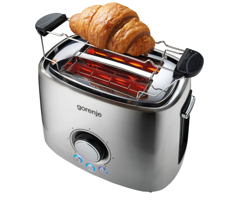 Ezüst kenyérpirító croissant-val. Króm felület, tárcsák és gombok láthatók.