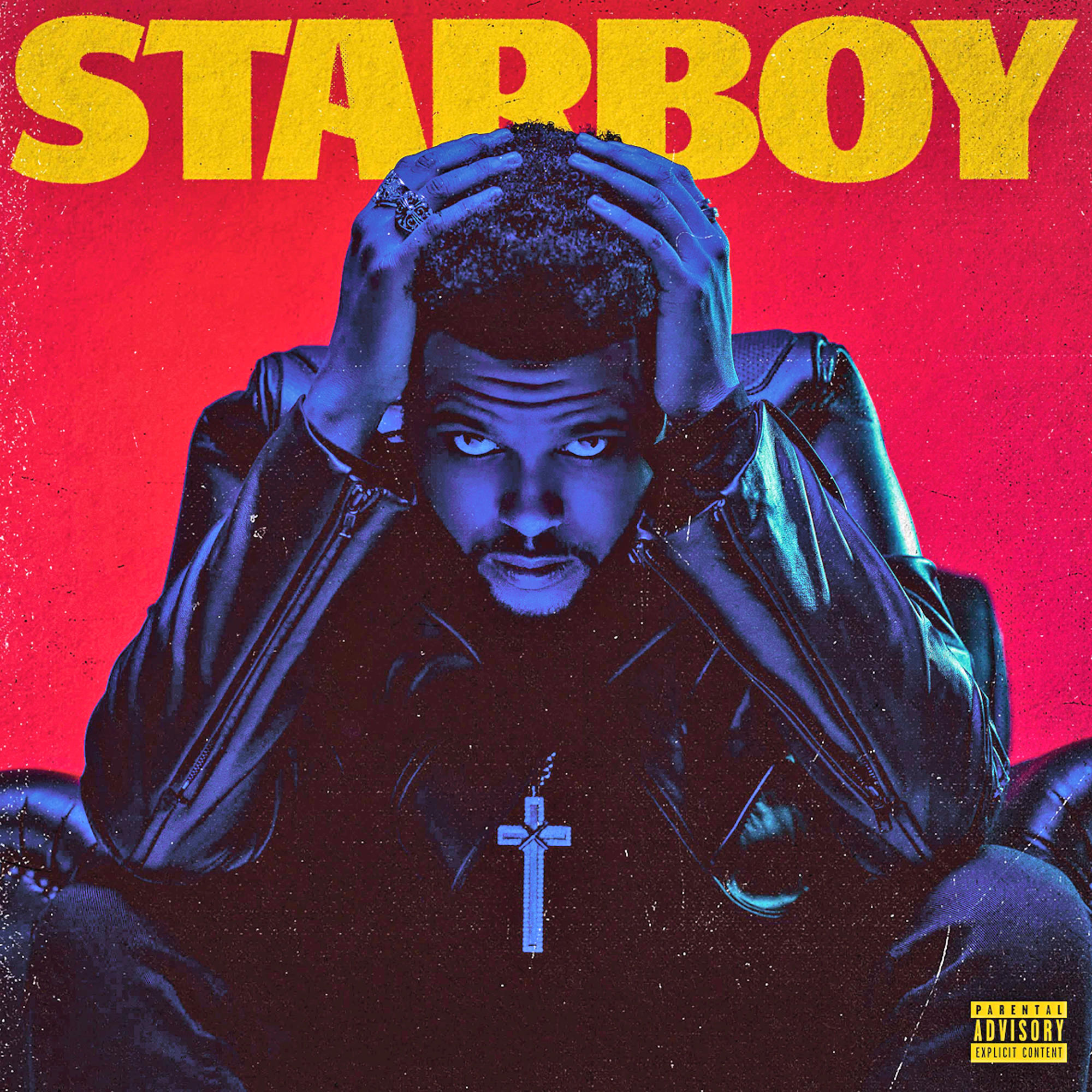 Pochette d'album avec l'artiste se tenant la tête. Titre 'STARBOY', fond rouge, veste en cuir noire.