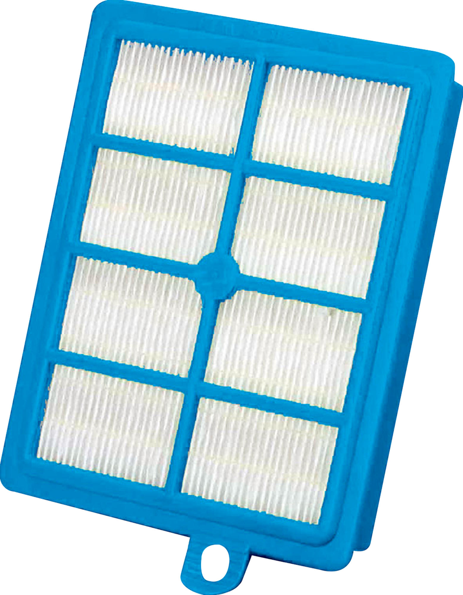 Ein blauer Filter für einen Staubsauger, rechteckige Form mit Griff.