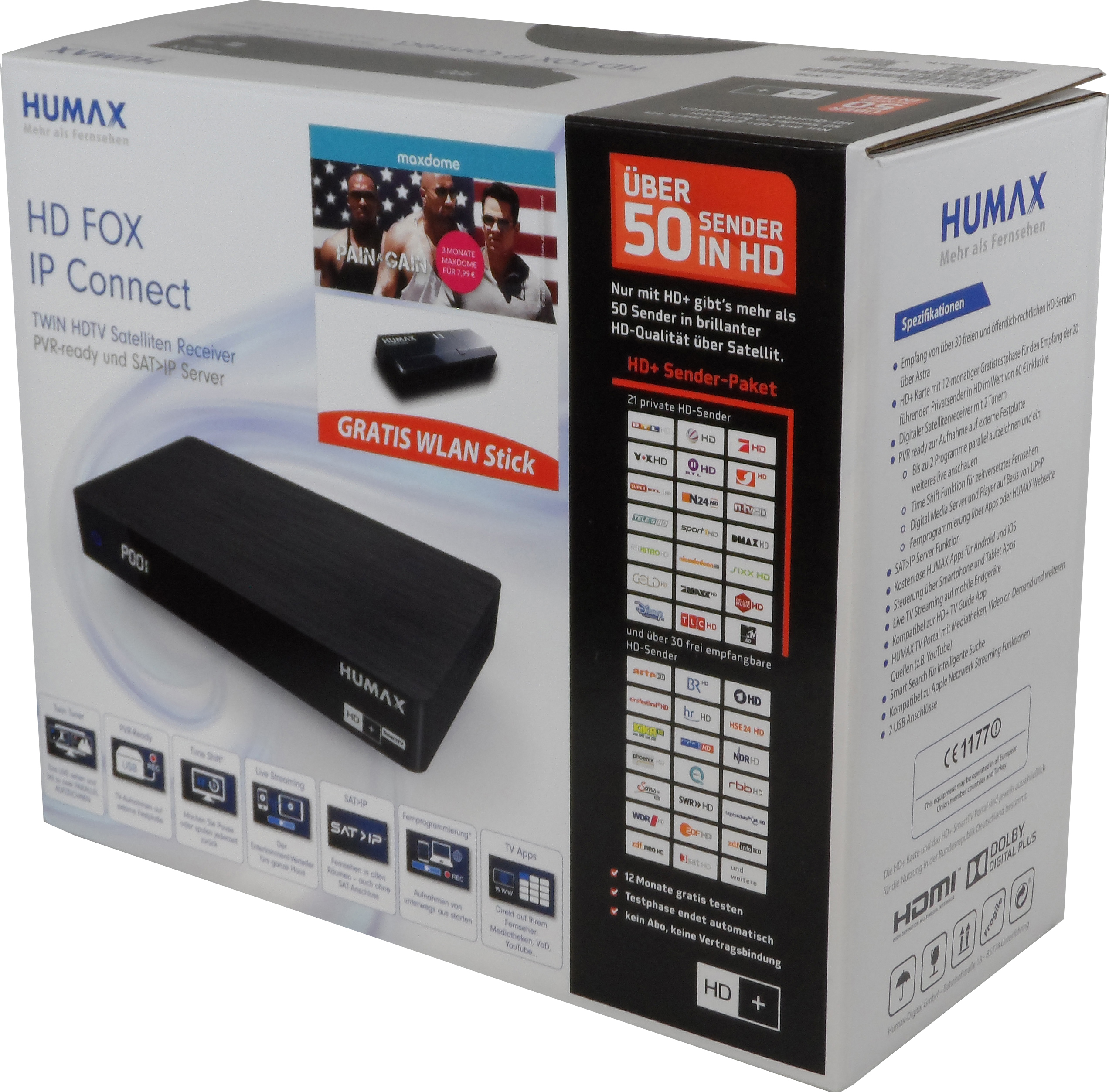 HUMAX HD FOX IP Connect + WLAN STICK + 3 Monate MAXDOME HDTV Twin Sat-Receiver (HDTV, PVR-Funktion, Twin Tuner, HD+ Karte inklusive, DVB-S2, Anthrazit)