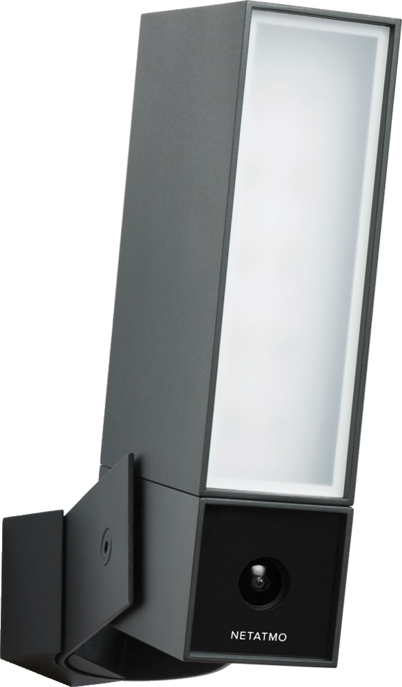 Zwarte buitenbeveiligingslamp met camera. Voorzien van een helder wit lichtpaneel en Netatmo-logo op zwarte achtergrond.