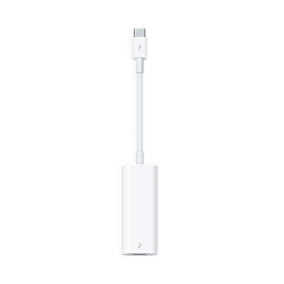Adaptateur Thunderbolt blanc avec un câble blanc et un logo Thunderbolt.
