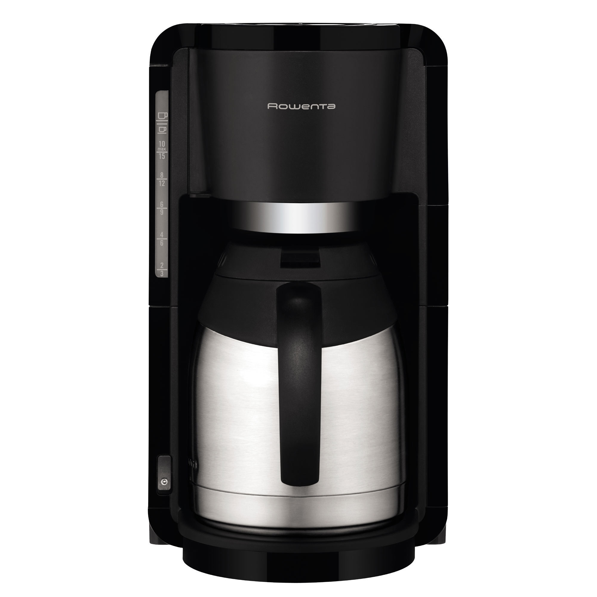Schwarze Rowenta Kaffeemaschine mit einer silbernen Karaffe im Inneren. Auf weißem Hintergrund.