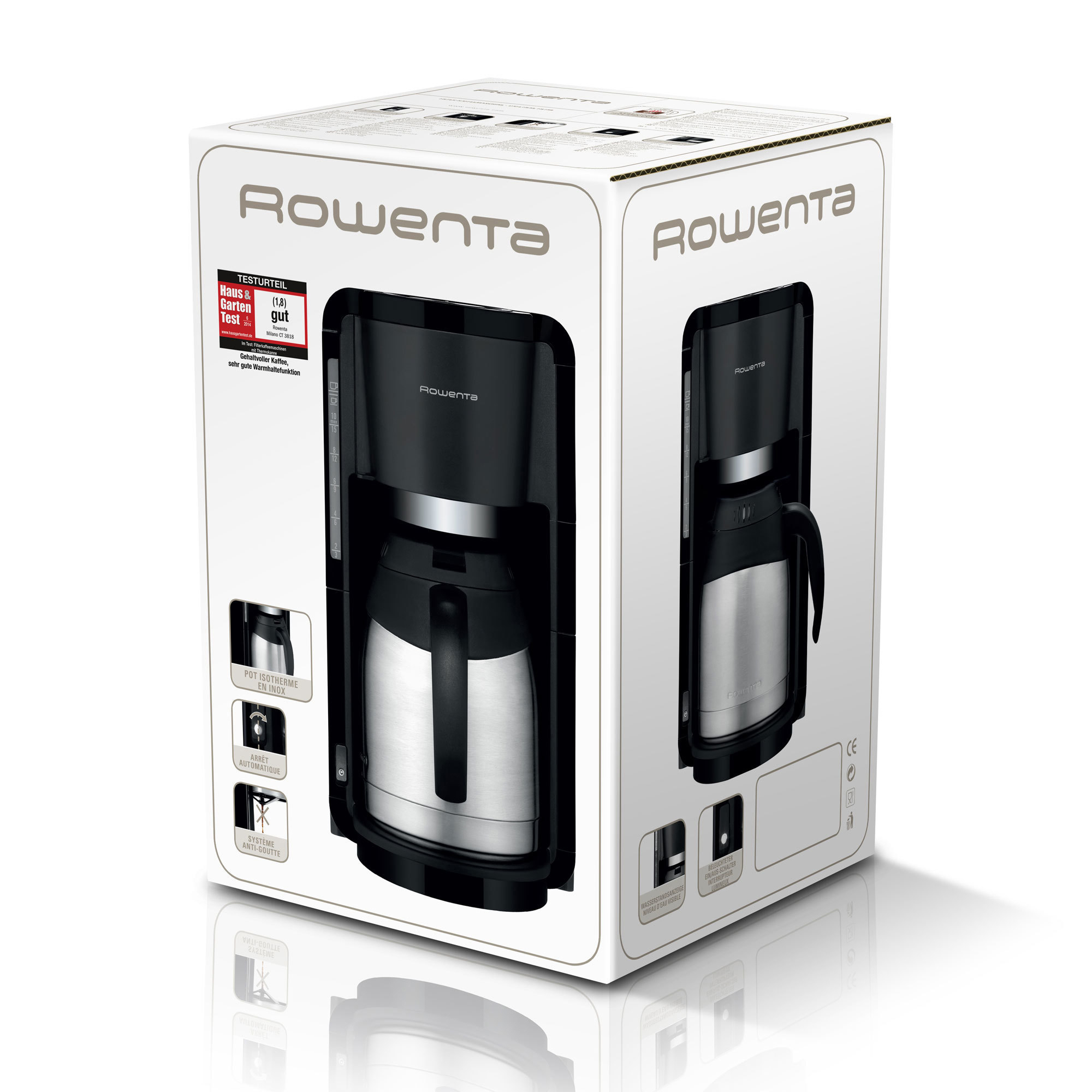 Rowenta-Kaffeemaschine in einer Box, die das Produkt und seine Funktionen zeigt.