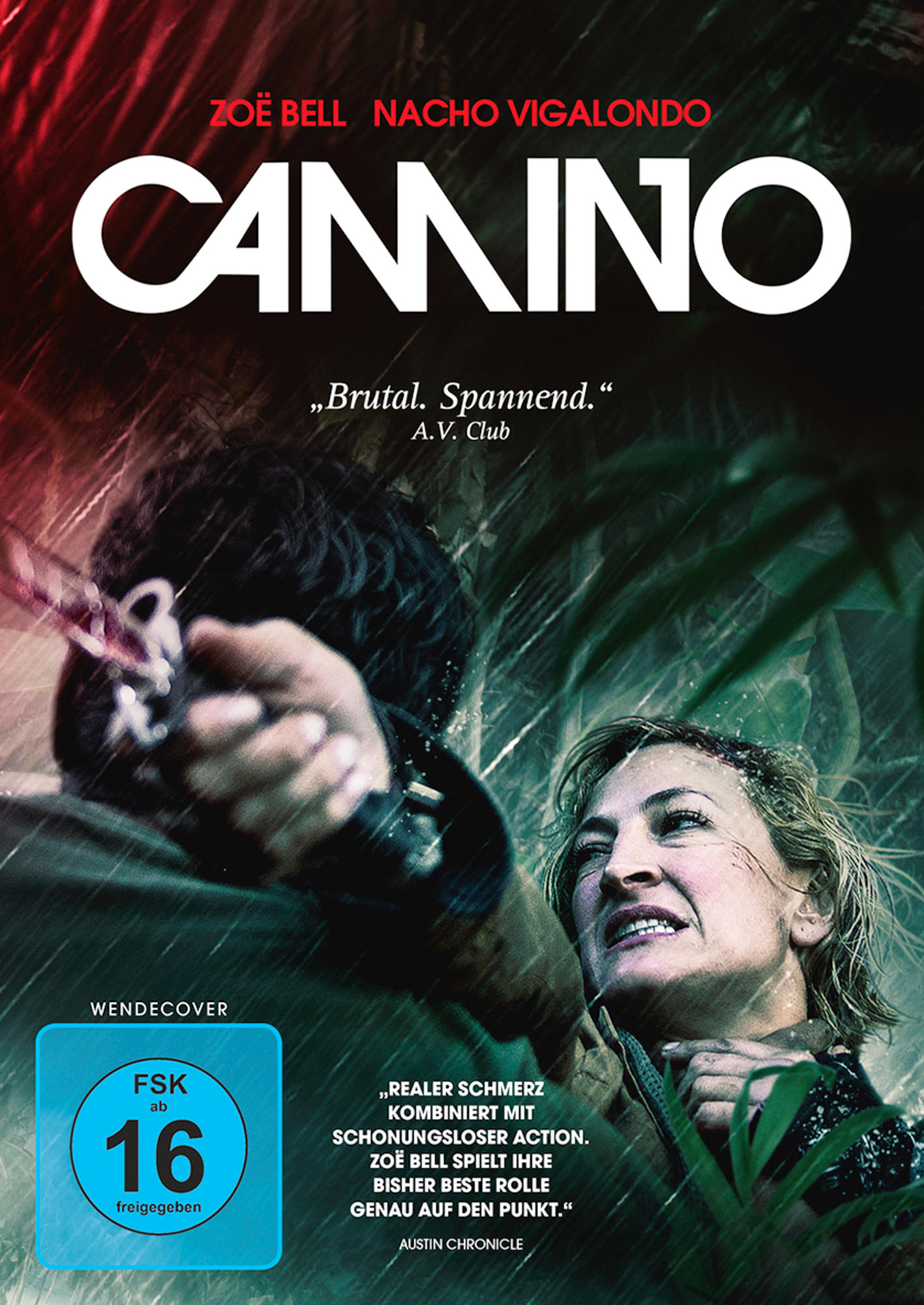 Camino DVD-Cover. Das Gesicht einer Frau im Regen und ein Arm eines Mannes. Text: Camino.
