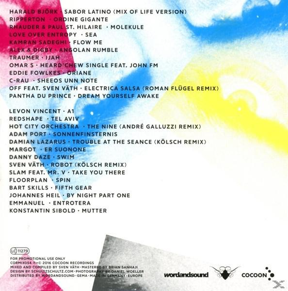 CD-Cover mit einer Liste von Musiktiteln, mit Künstlernamen und Albumtitel. Das Cover ist bunt.