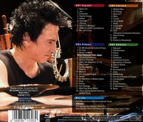 Ein Mann mit Schlagzeug links, Album-Tracks rechts.