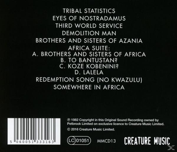 CD-Rückseite. Text: Tribal Statistics, Eyes of Nostradamus und andere Songtitel, mit Barcode.