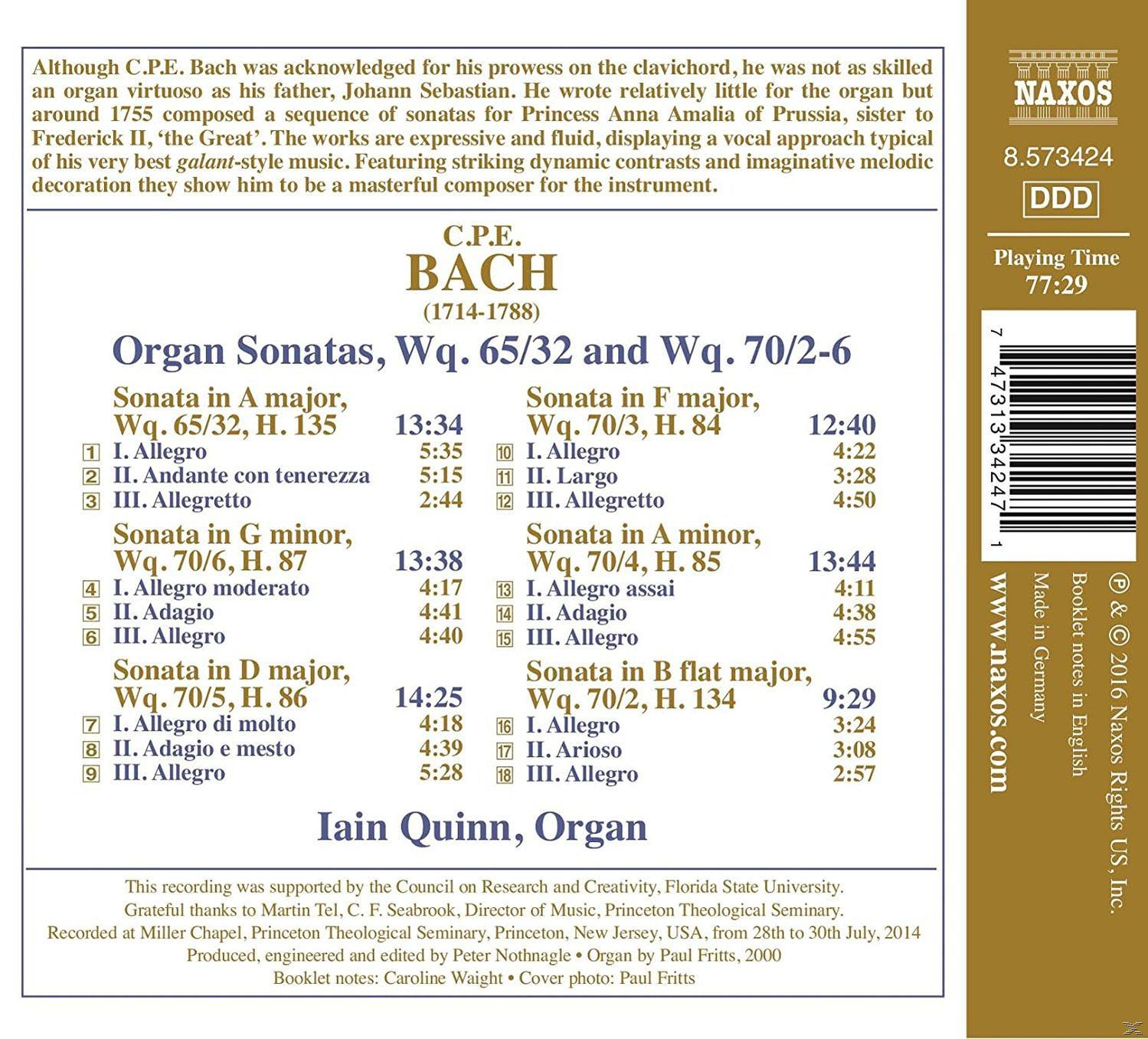 CD-Rückseite mit Titelliste und Informationen zu C.P.E. Bach, Iain Quinn und Naxos.