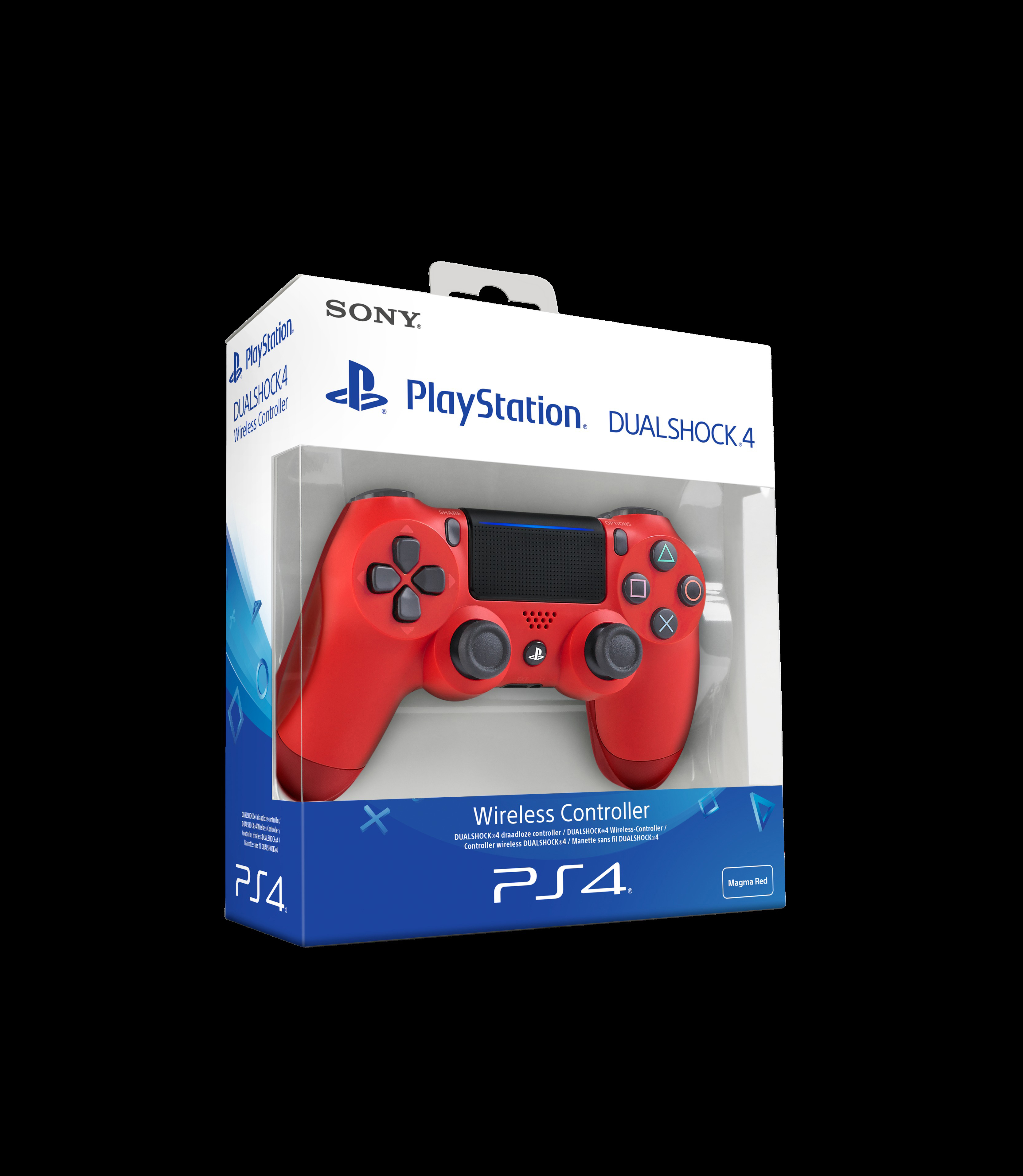 PlayStation Dualshock 4 Controller in einer Box. Roter Controller, schwarze Knöpfe.