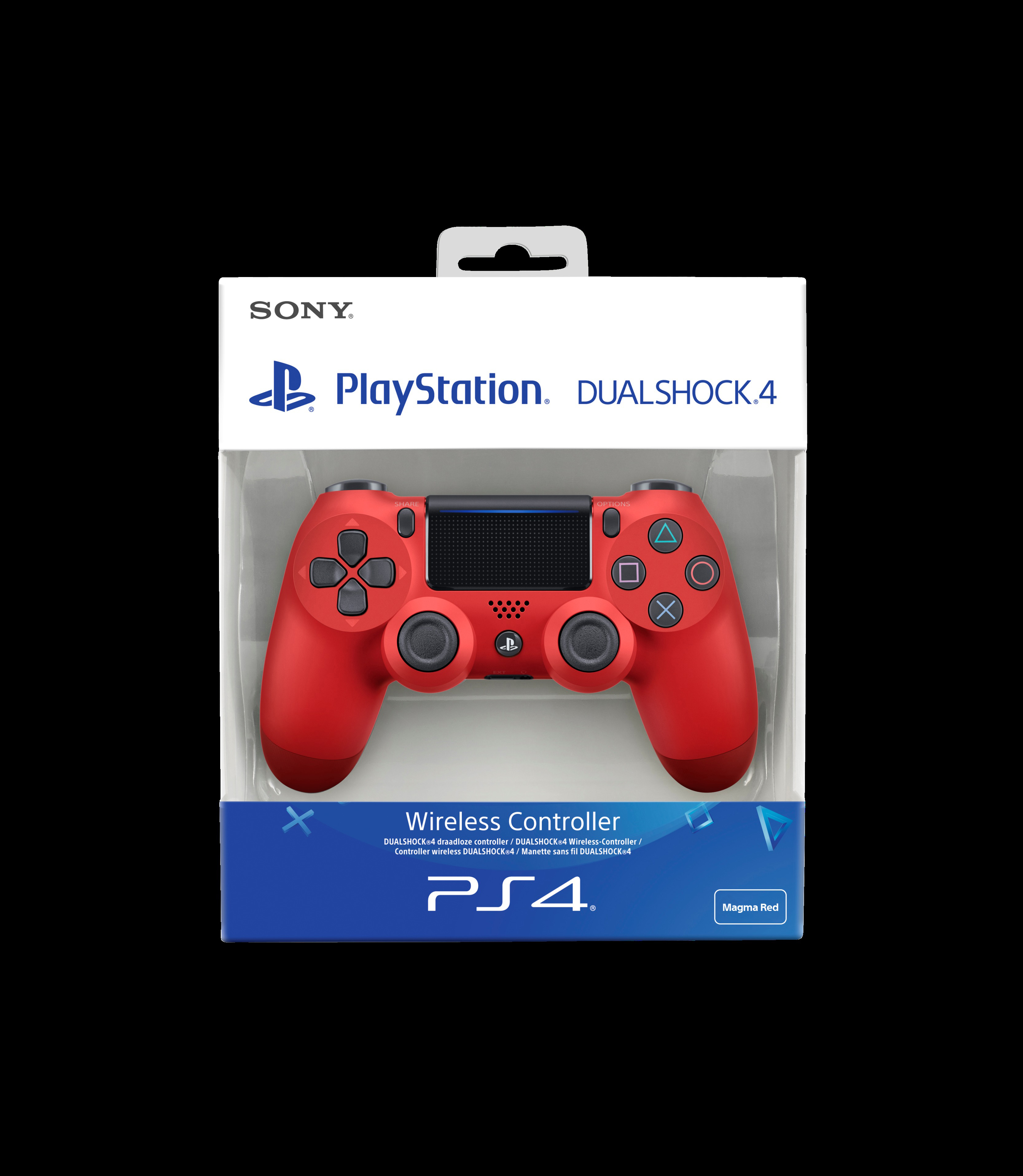 Roter PS4 DualShock 4 Controller in Verpackung. Text auf der Verpackung lesbar. Schwarzer Hintergrund.