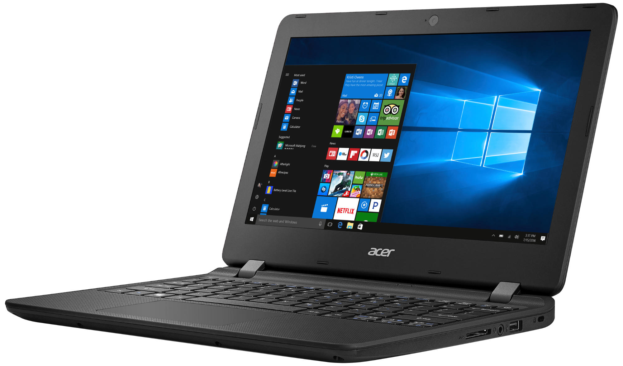 Schwarzer Acer-Laptop, geöffnet, mit sichtbarem Windows-Desktop. Der Bildschirm zeigt Symbole.