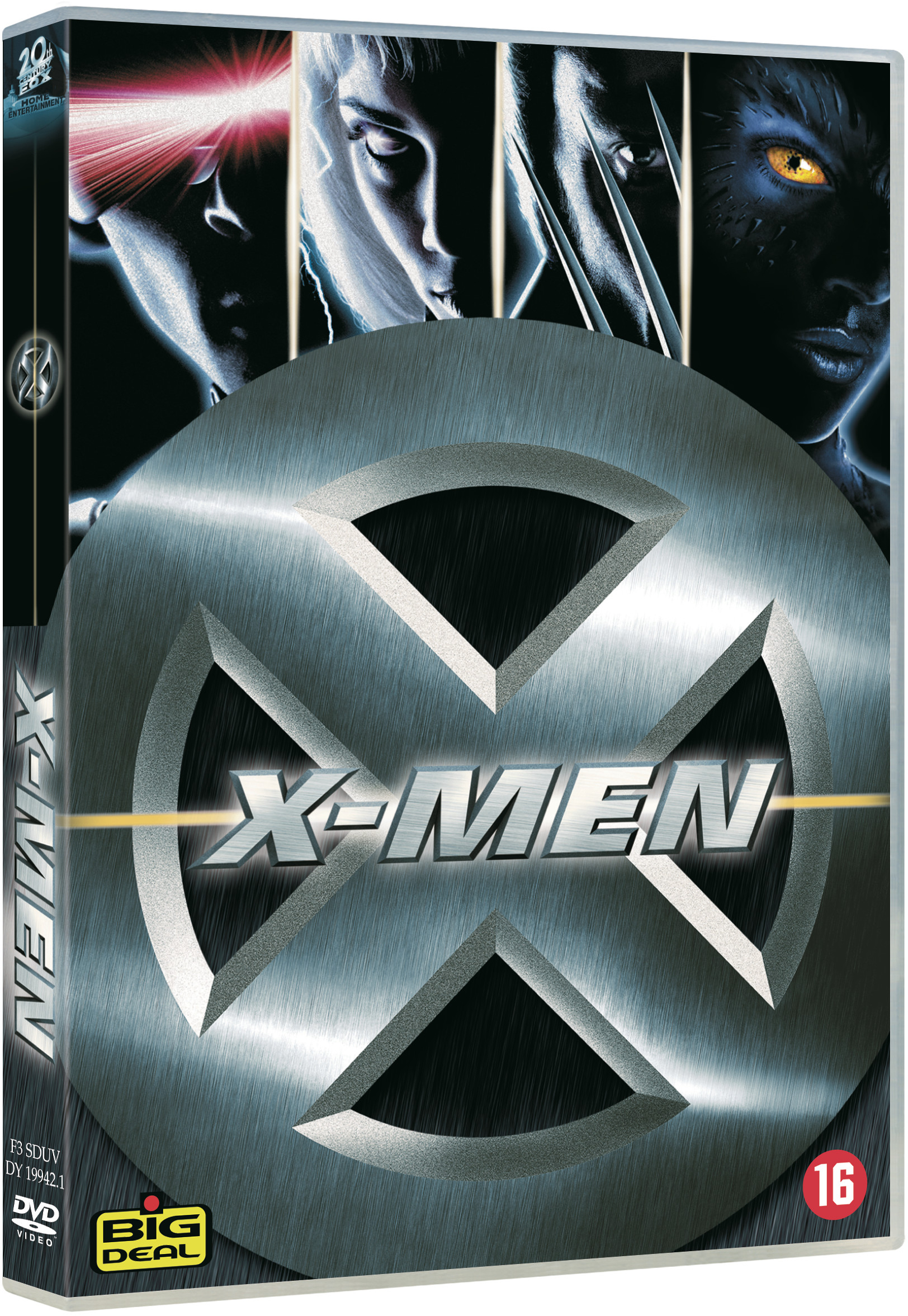 Boîtier DVD du film X-Men. Comprend les visages des personnages et le logo X-Men. Avec classification 16.