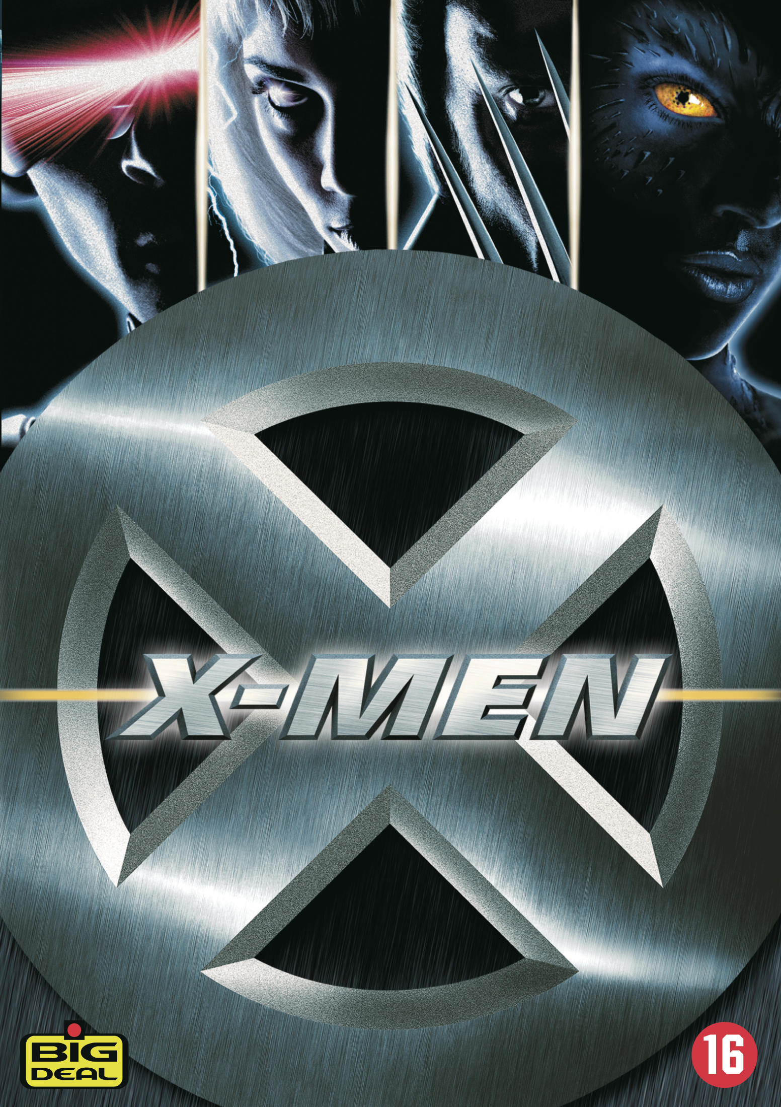 Couverture du film X-Men. Logo X. Visages de personnages. Titre : X-Men. Fond métallique.