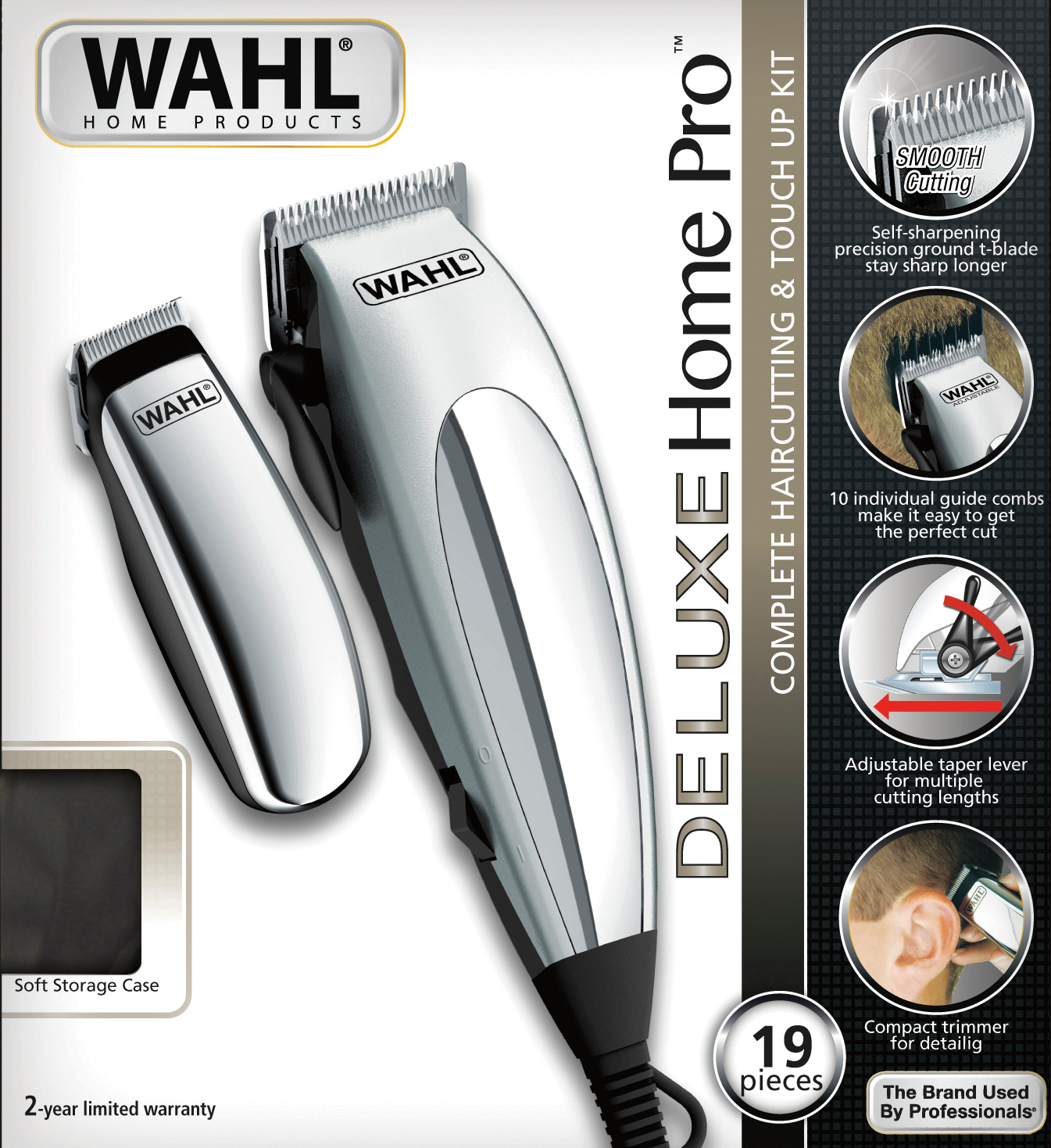 Wahl Home Pro hajvágó készlet, hajvágóval, trimmelővel és kiegészítőkkel fehér háttéren.