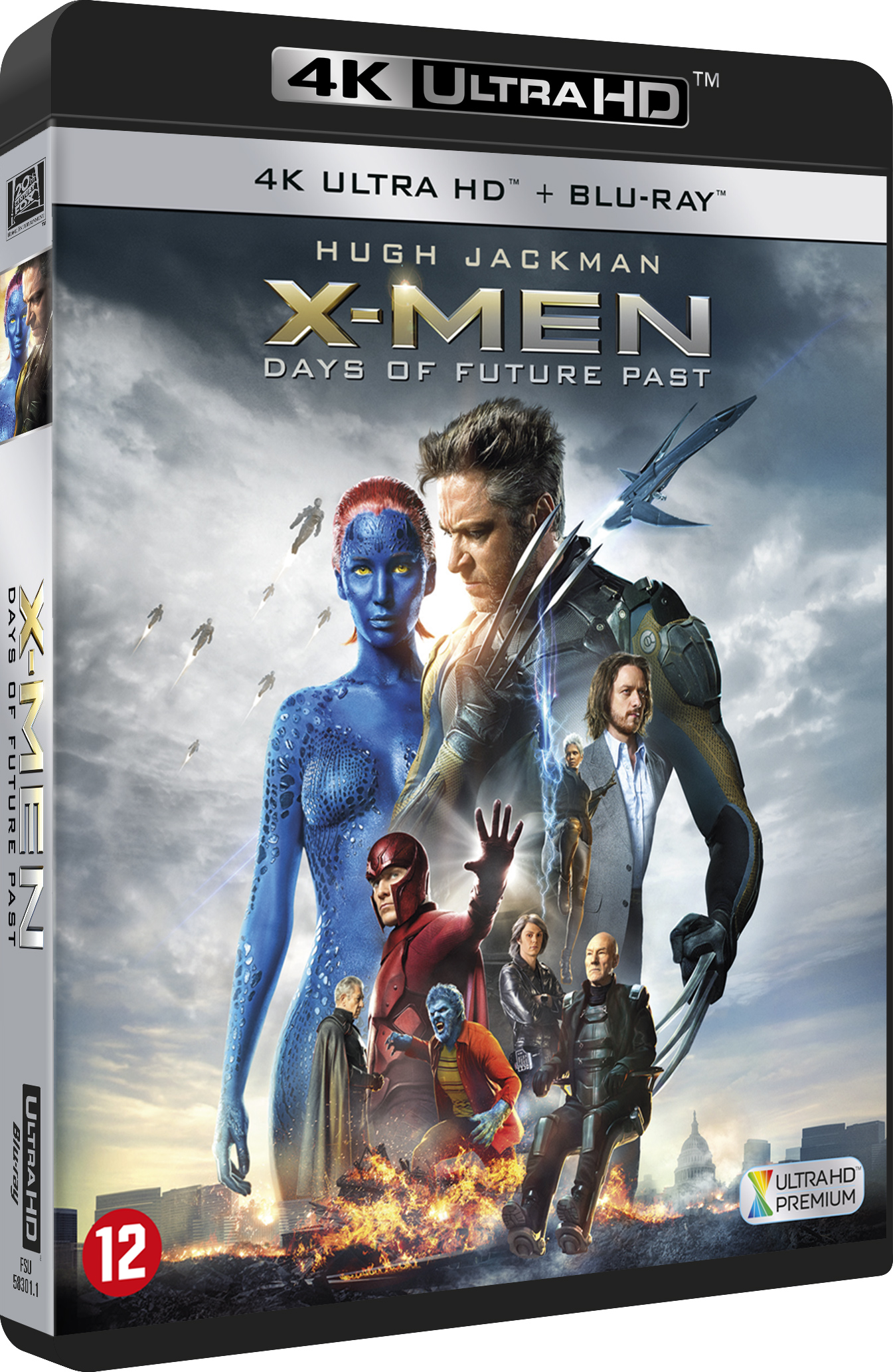 X-Men-filmposter met personages. Titel: X-Men Days of Future Past. Beoordeling: 12. Blauw en wit.