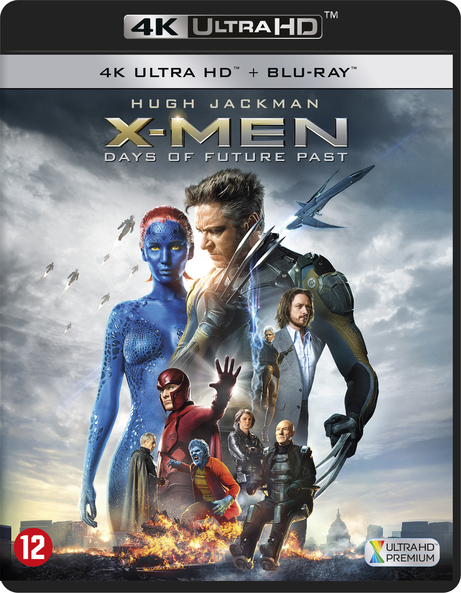 X-Men-filmcover met personages, Wolverine en een blauwe vrouw.
