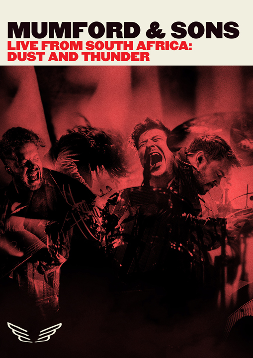 Poster von 'Mumford & Sons' live in Südafrika. Roter Hintergrund mit Bandmitgliedern, die auftreten.