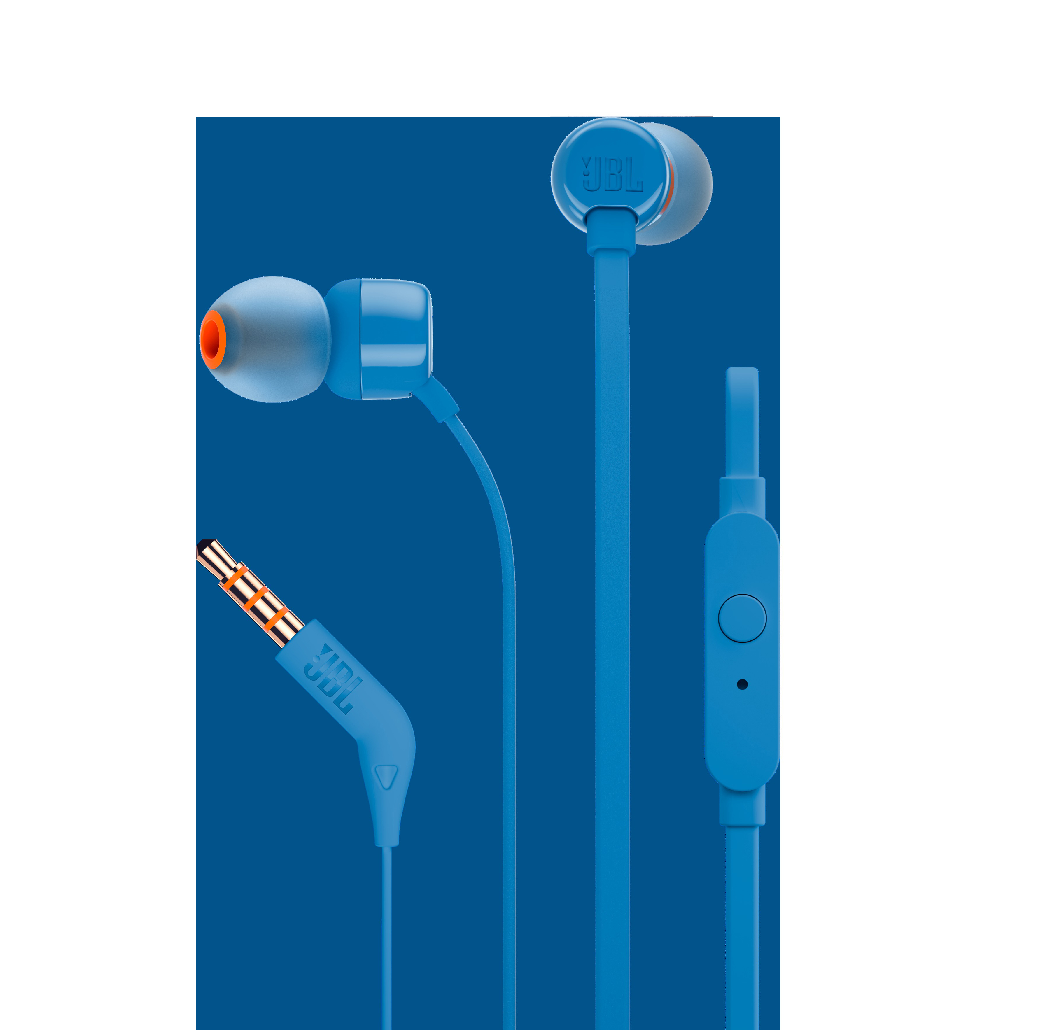 Blaue JBL-Ohrhörer mit orangefarbenen Akzenten und angeschlossenem Kabel.