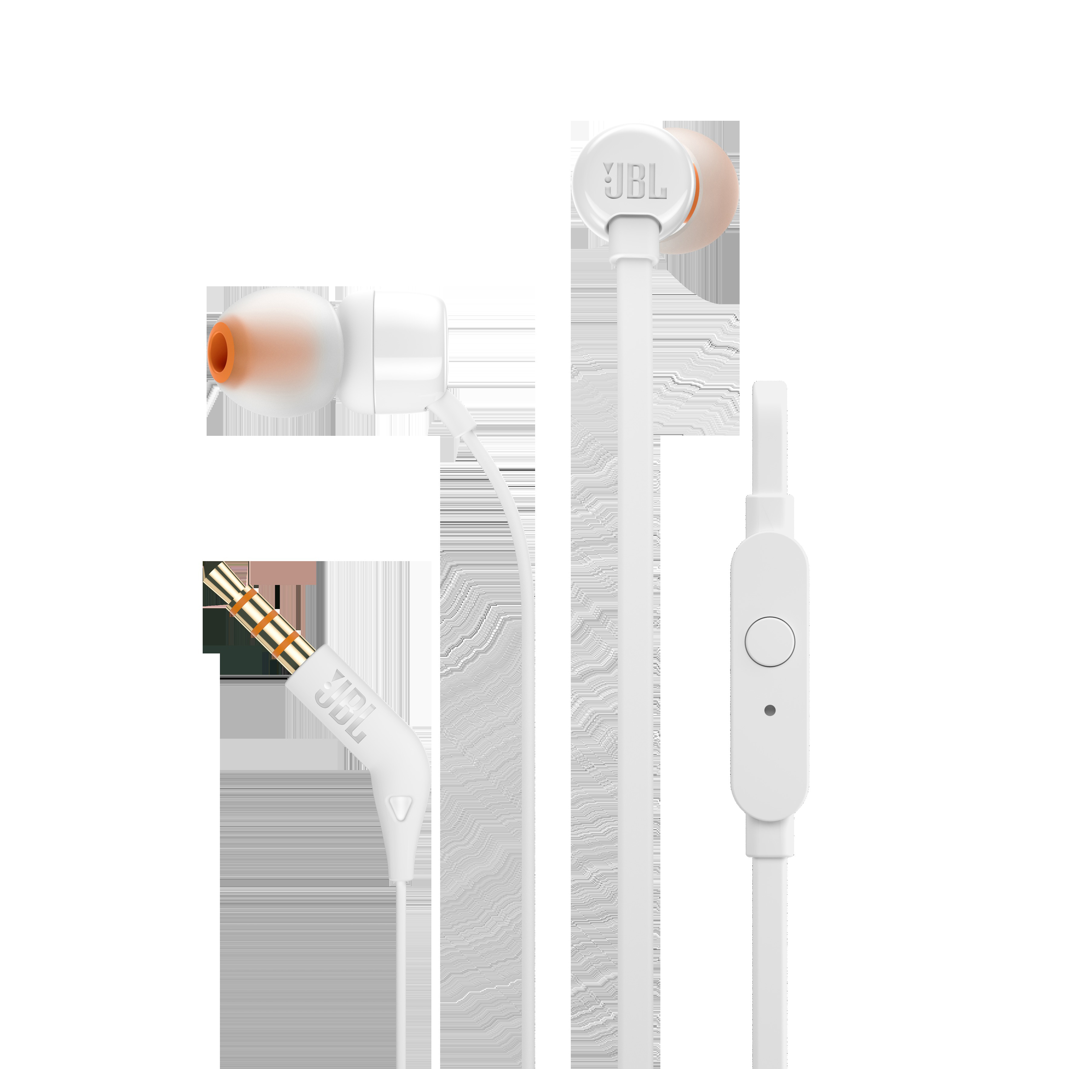 Weiße und orangefarbene JBL In-Ear-Kopfhörer. Ein Regler und ein Stecker sind ebenfalls sichtbar.
