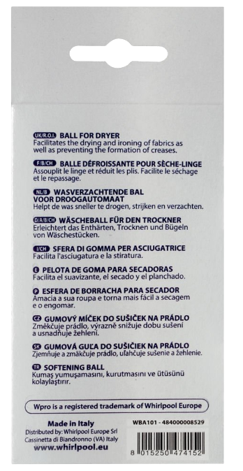 Fehér csomagolás, többnyelvű szöveggel, amely egy szárítógolyót ismertet, célját és utasításait.