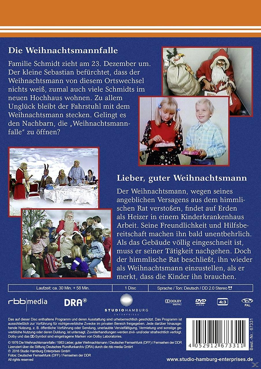 DVD-Rückseite, Text und Bilder eines Weihnachtsfilms mit Weihnachtsmann und Kindern.