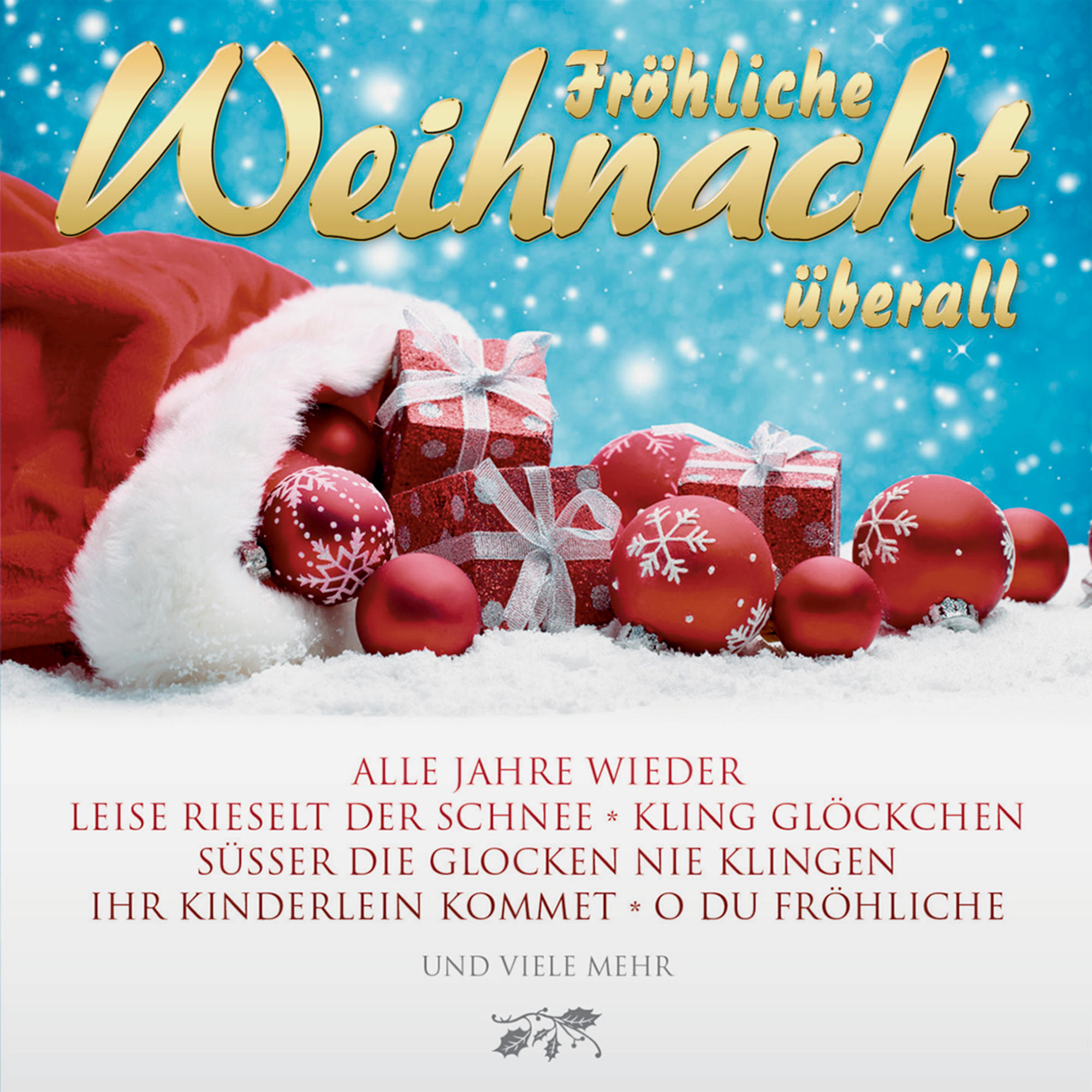Weihnachtskarte mit Weihnachtsmütze und Geschenken auf verschneitem Boden, mit deutschem Text und blauem Himmel.