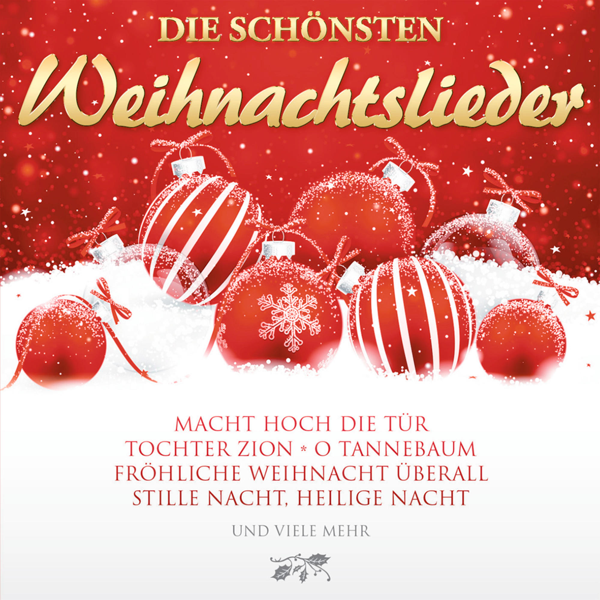 Weihnachtsalbum-Cover. Roter Hintergrund mit Ornamenten. Text in Weiß und Goldfarben.