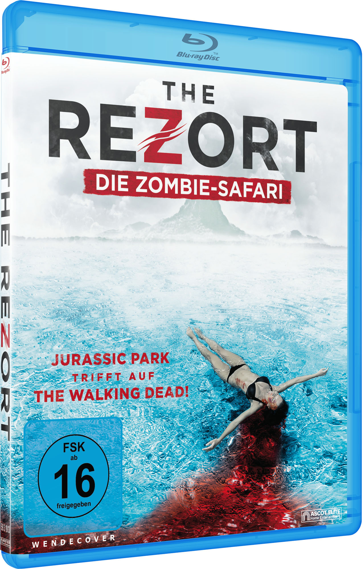 Blu-ray-Cover: 'The ReZort', eine Frau, die im Wasser treibt, Blut im Meer, deutscher Titel.