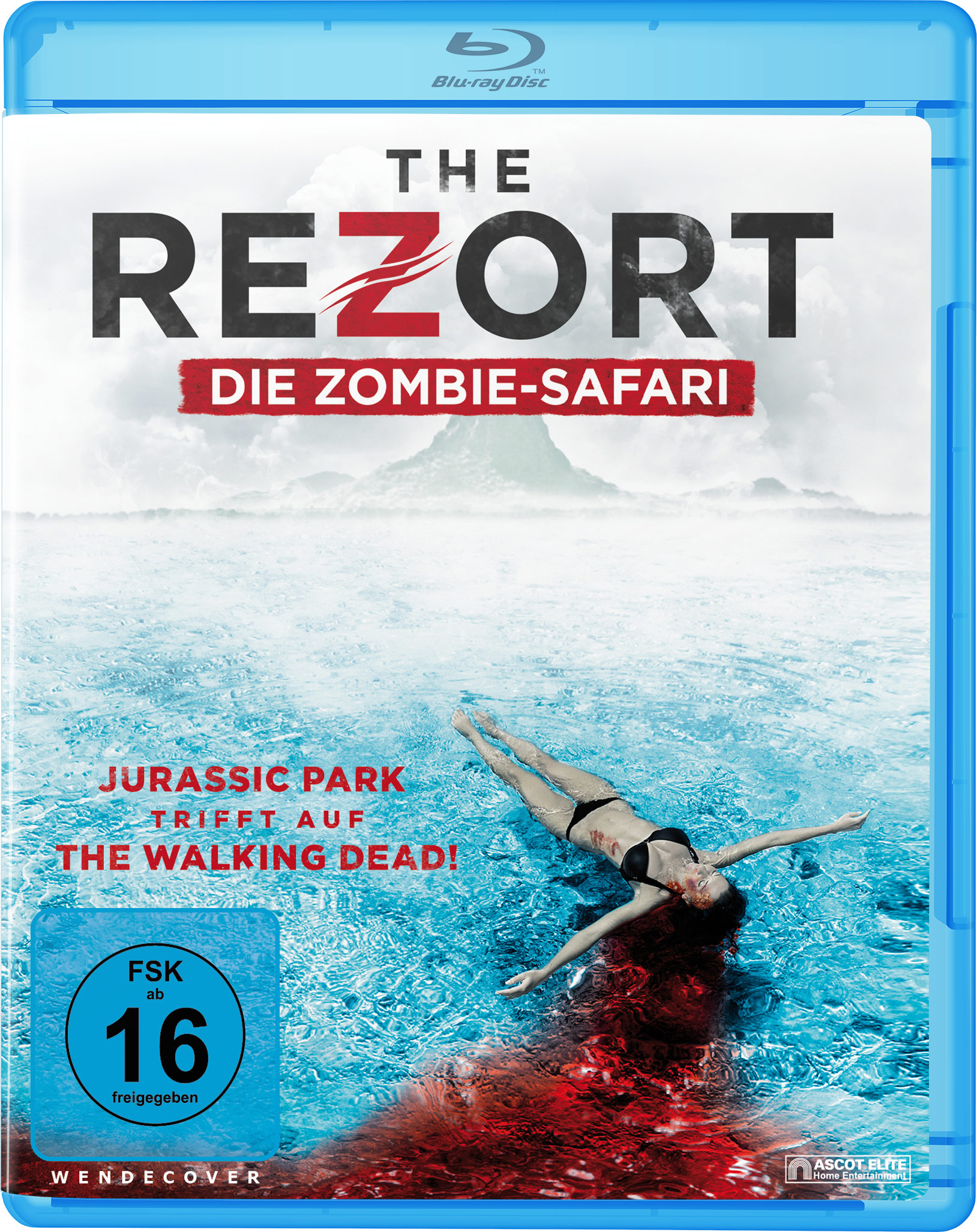 Blu-ray-Cover: Zombiefilm, Frau im Wasser, Blut. Text: The ReZort, Die Zombie-Safari.