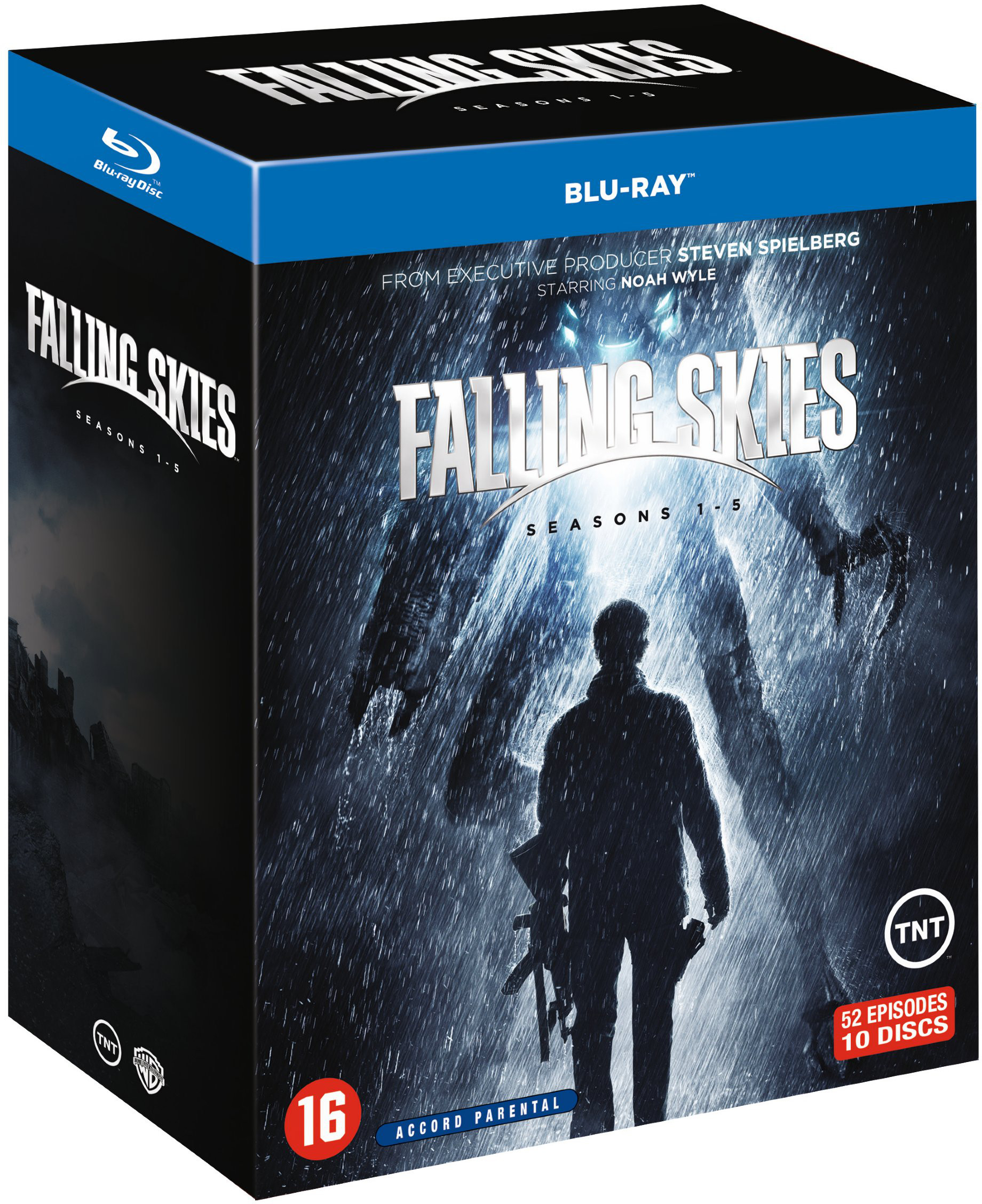 Falling Skies Blu-Ray boxset cover met alien invasie scène.