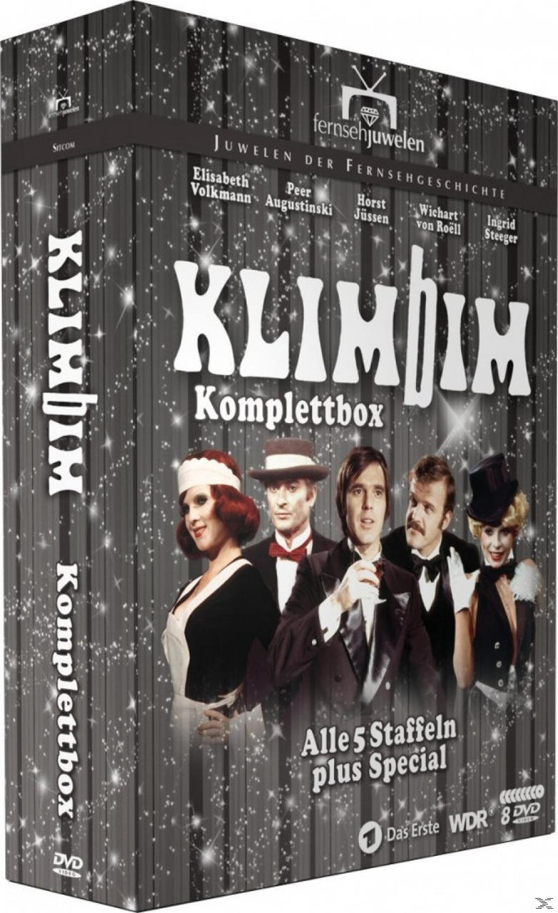 DVD-Box-Set, Klimbim. Menschen in Kostümen sind abgebildet. Text: Klimbim Kompletbox. Silbernes und schwarzes Design.