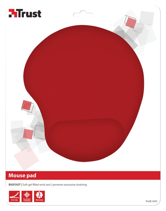 Piros ergonomikus egéralátét géles csuklótámasszal, fekete-fehér háttéren.