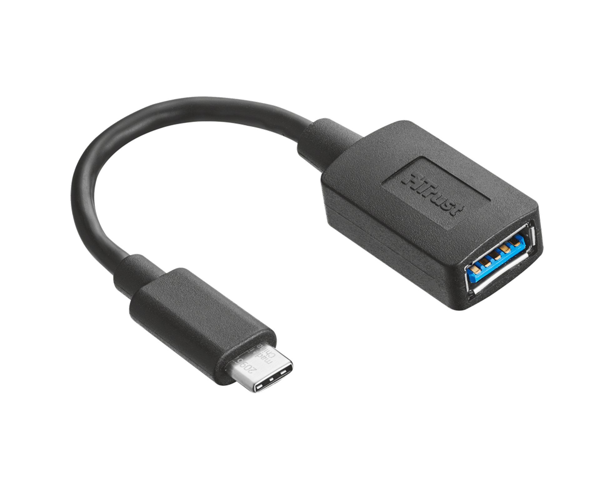 Egy fekete USB-C - USB-A adapterkábel. Az egyik vége USB-C, a másik USB-A.