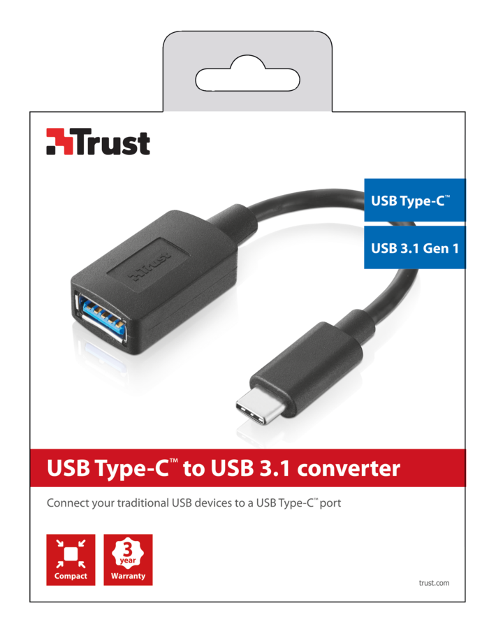 USB Type-C – USB 3.1 Gen 1 átalakító dobozban. Fekete kábel és csatlakozó.