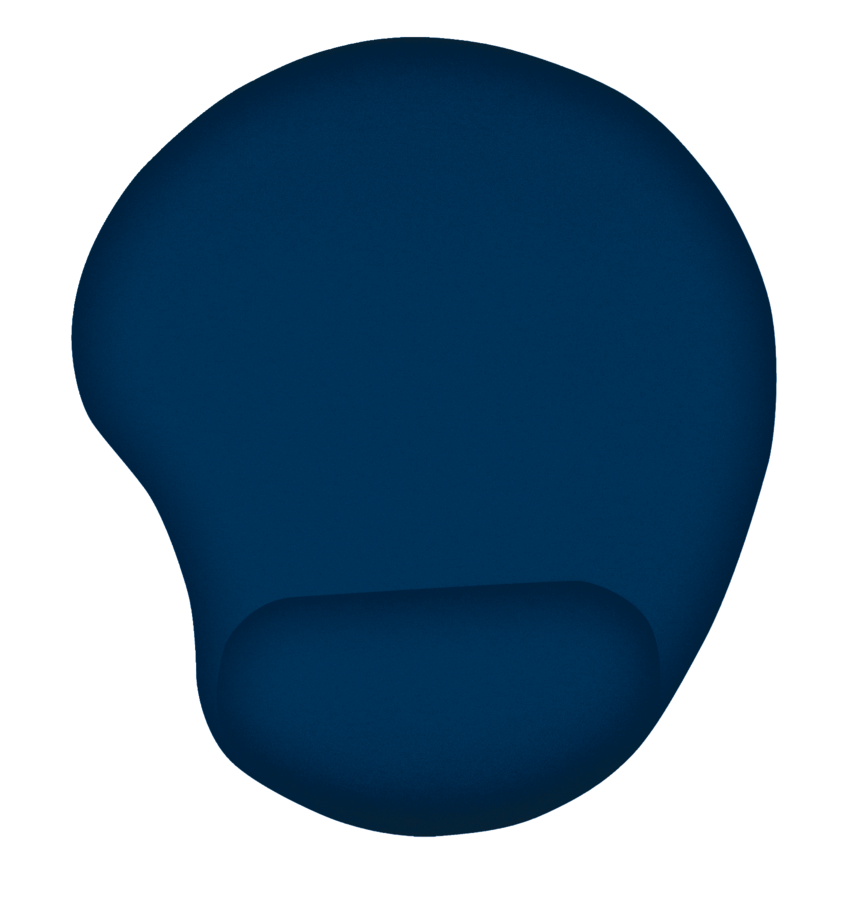 Kék ergonomikus egérpad csuklótámasszal, sötét háttérrel.