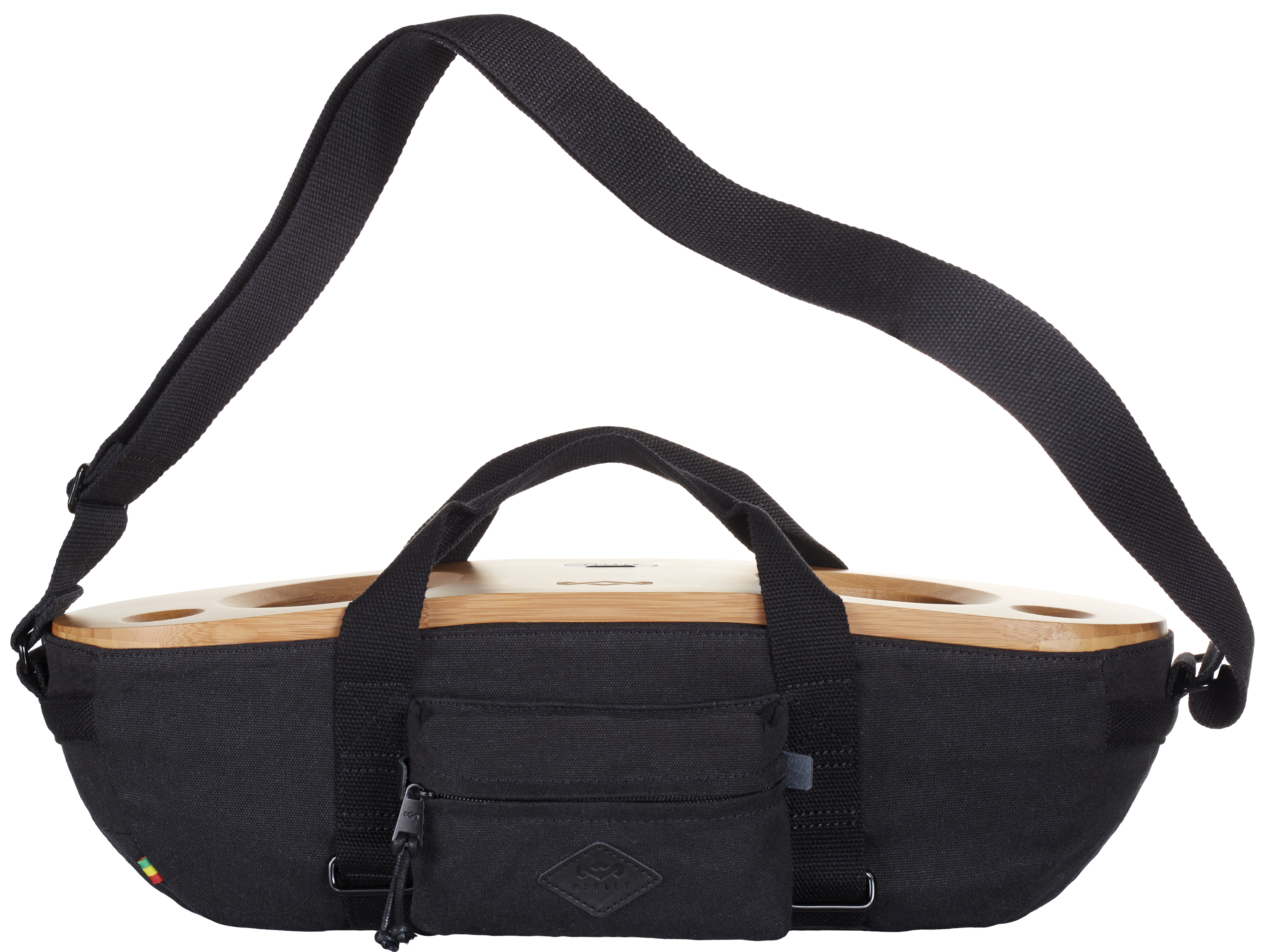 Een zwarte tas met een houten basis en een handvat, met een klein vakje.