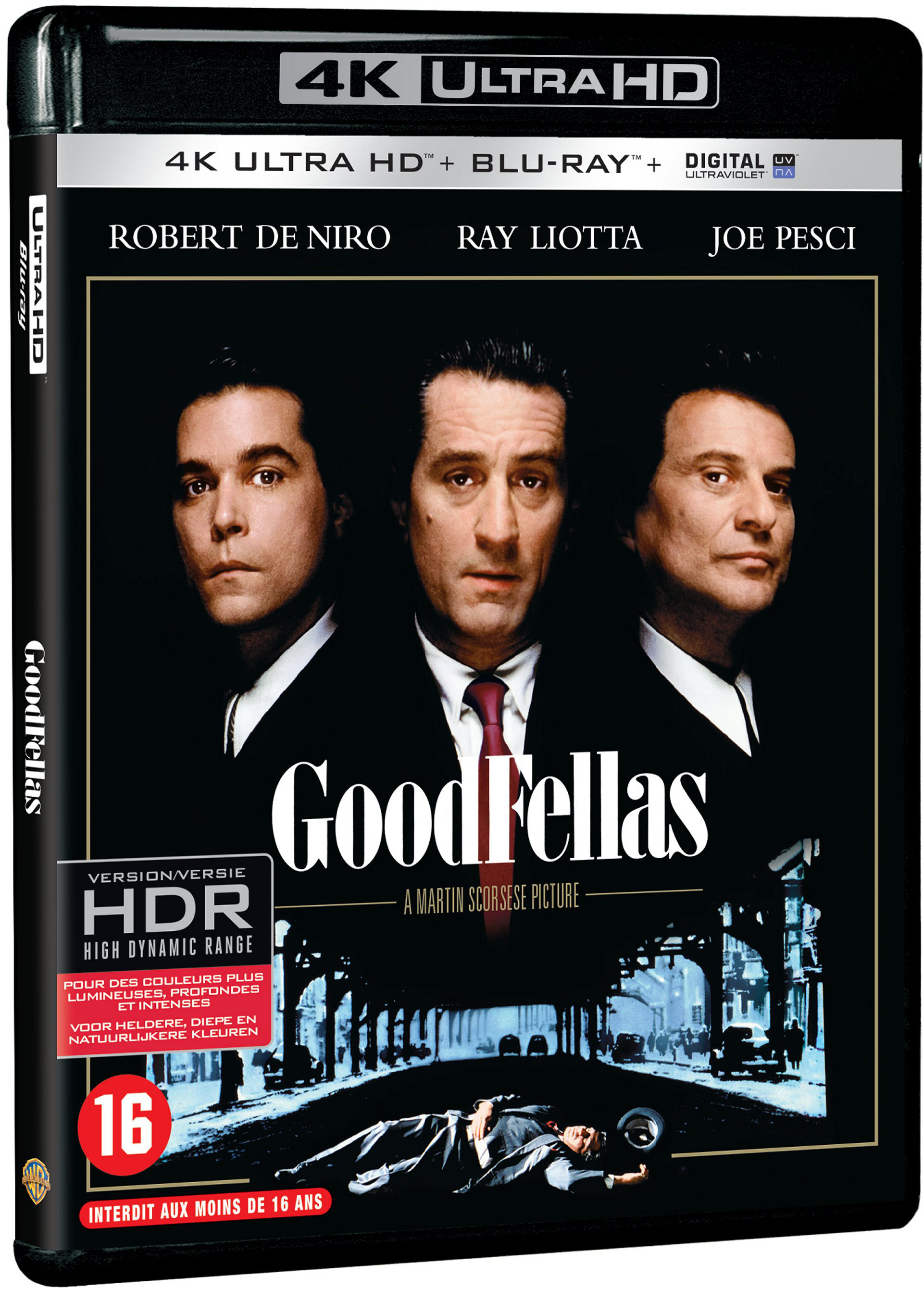 Couverture Blu-ray de Goodfellas avec Robert De Niro, Ray Liotta et Joe Pesci, dans un boîtier noir.