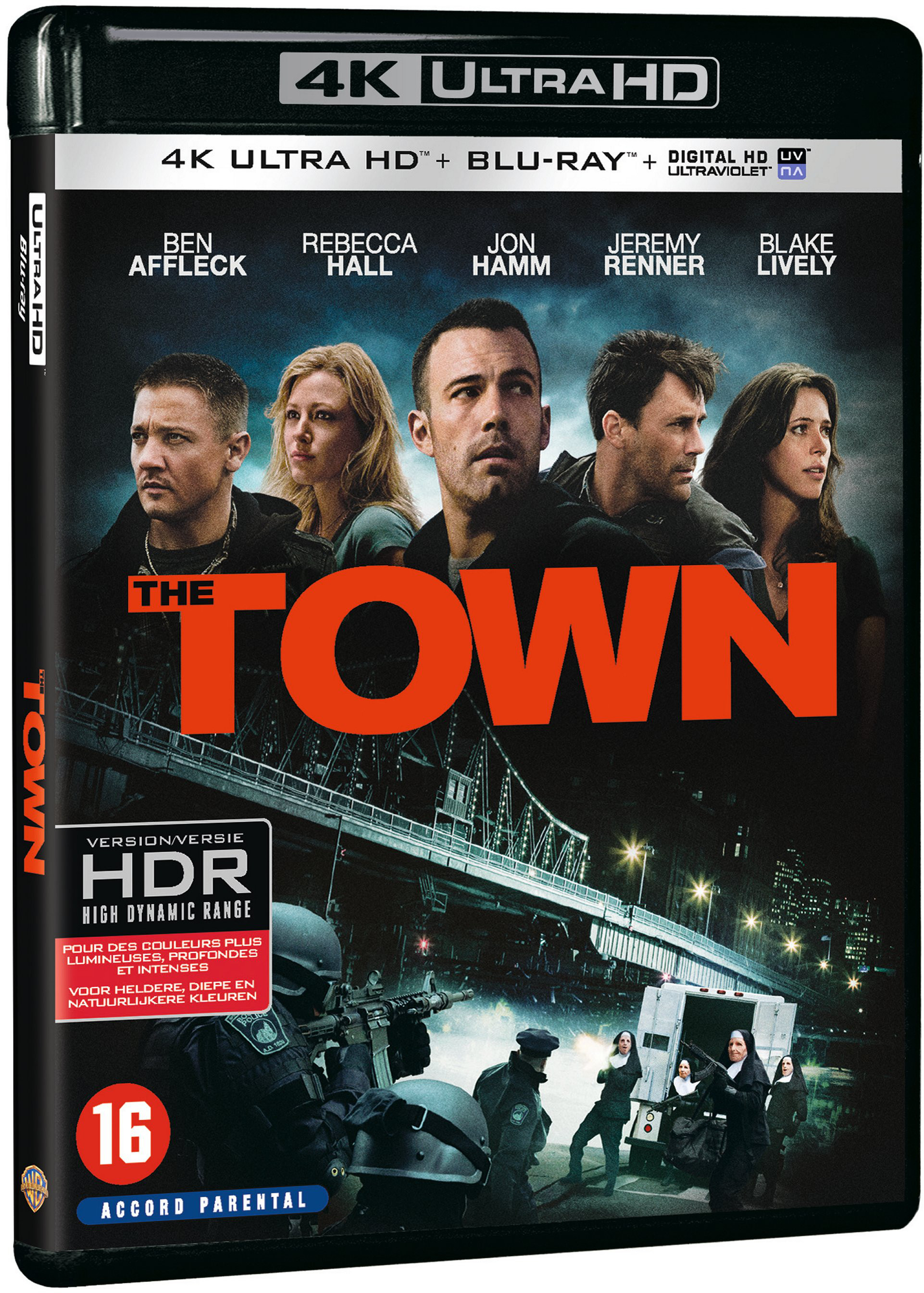 Couverture du film : Acteurs. Titre The Town. Arrière-plan : police, scène de braquage.
