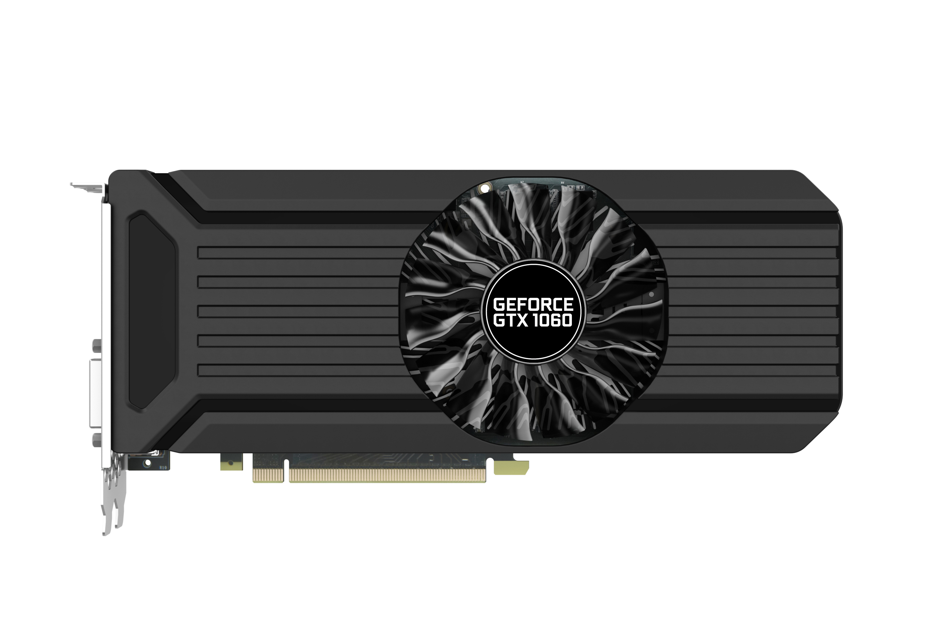 Schwarze Grafikkarte. Sie hat einen Lüfter mit 'GeForce GTX 1060' drauf.