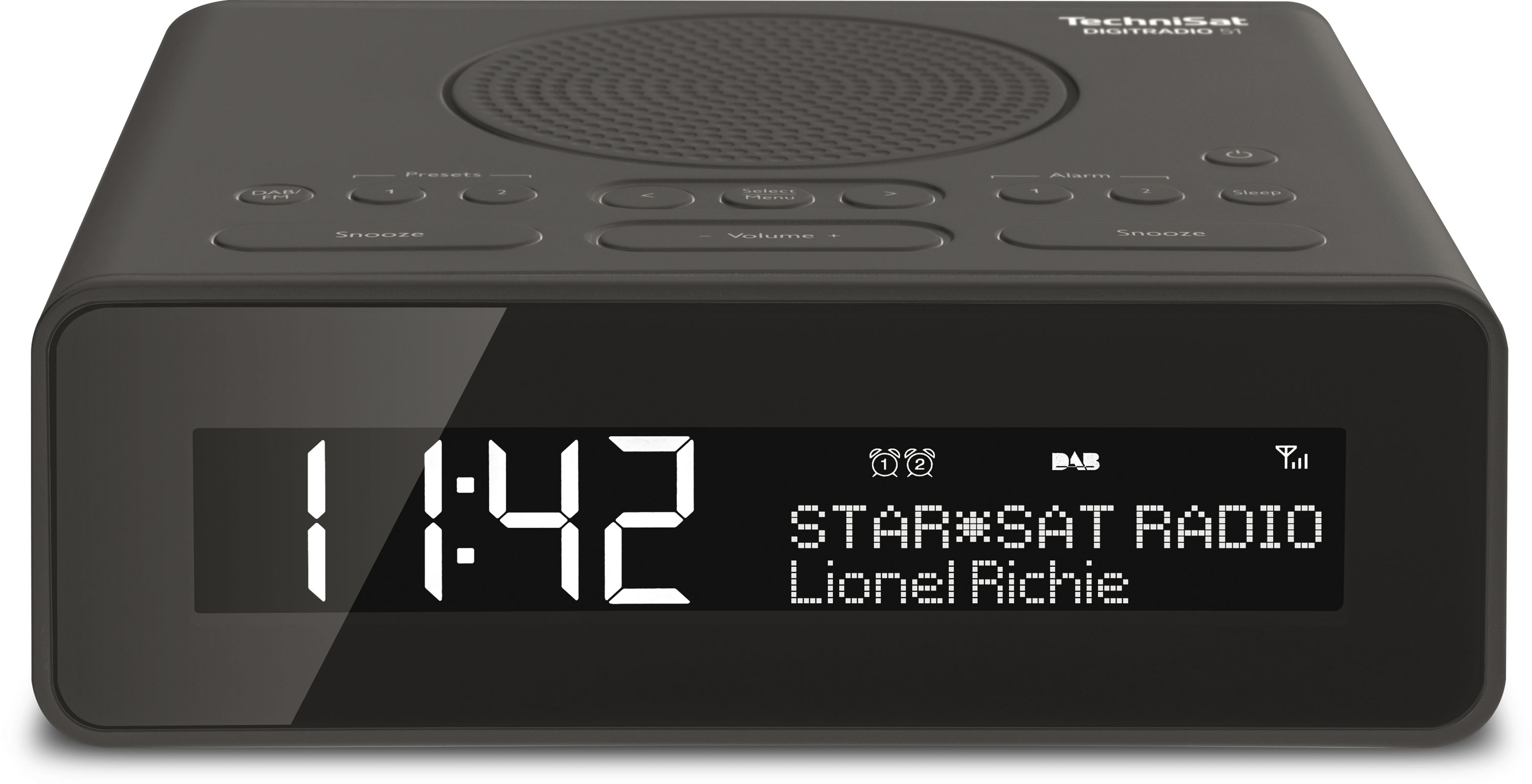 Digitales Radiowecker mit Uhrzeit und Radiosenderinformationen. Tasten für Voreinstellungen, Alarm und Lautstärke.