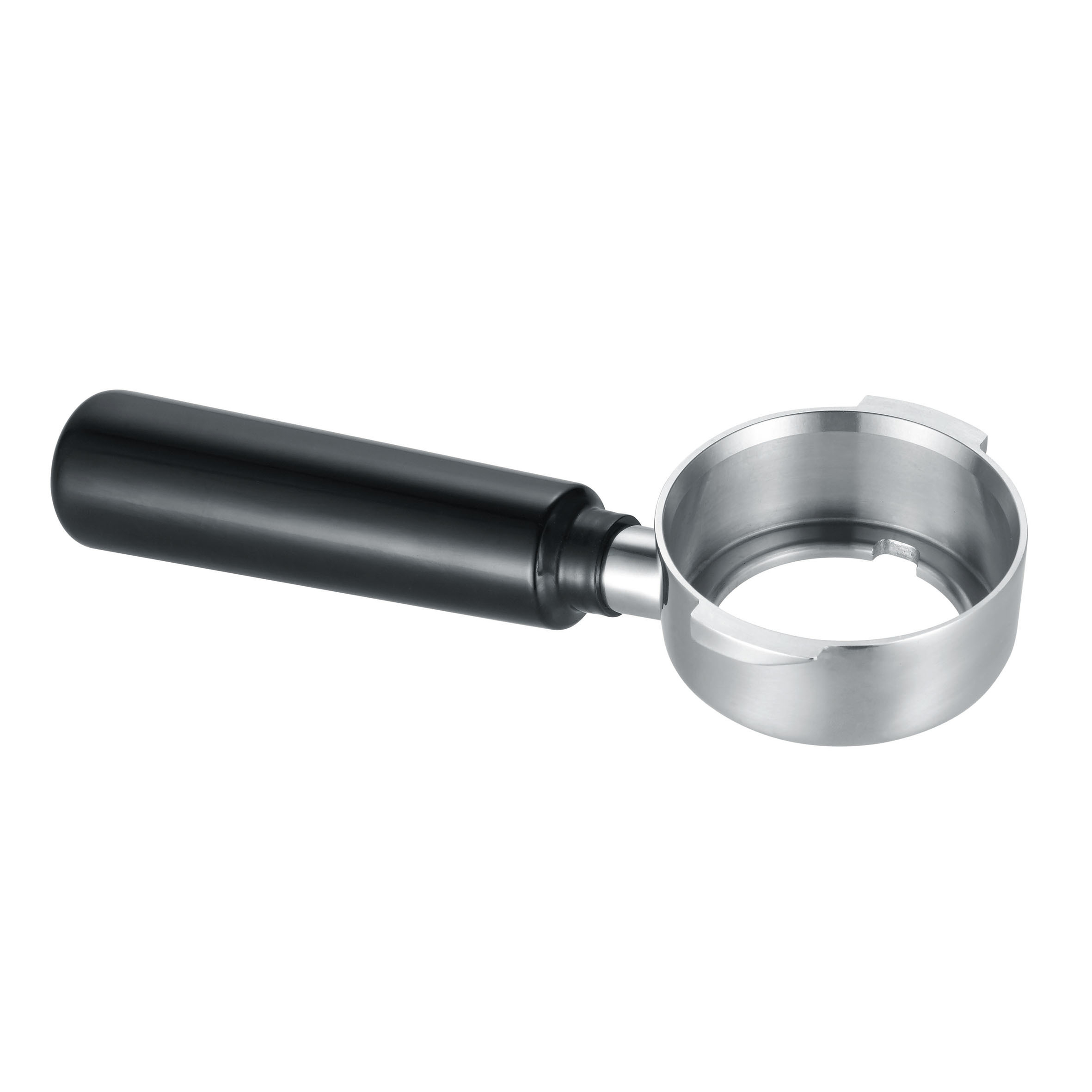 Espressomaschinen-Siebträger, silber und schwarz, weißer Hintergrund.