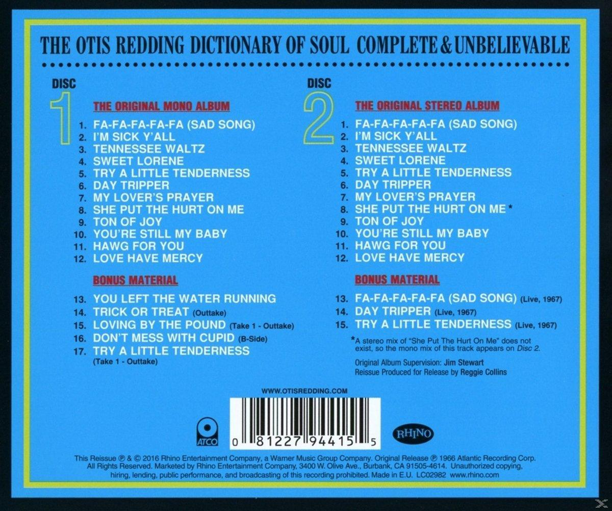 Boîtier CD de "The Otis Redding Dictionary of Soul", avec texte et listes des pistes.