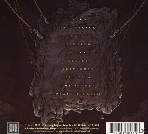 Rückseite eines Musikalbums. Text auf dem Albumcover mit dunklem Hintergrund.