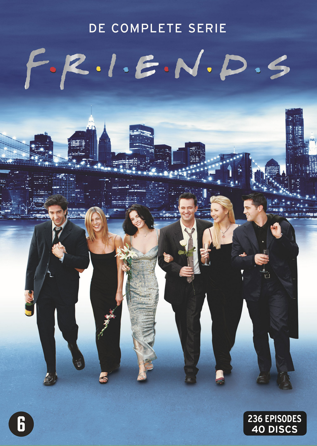 DVD-cover van Friends, met de cast die voor een skyline 's nachts loopt.
