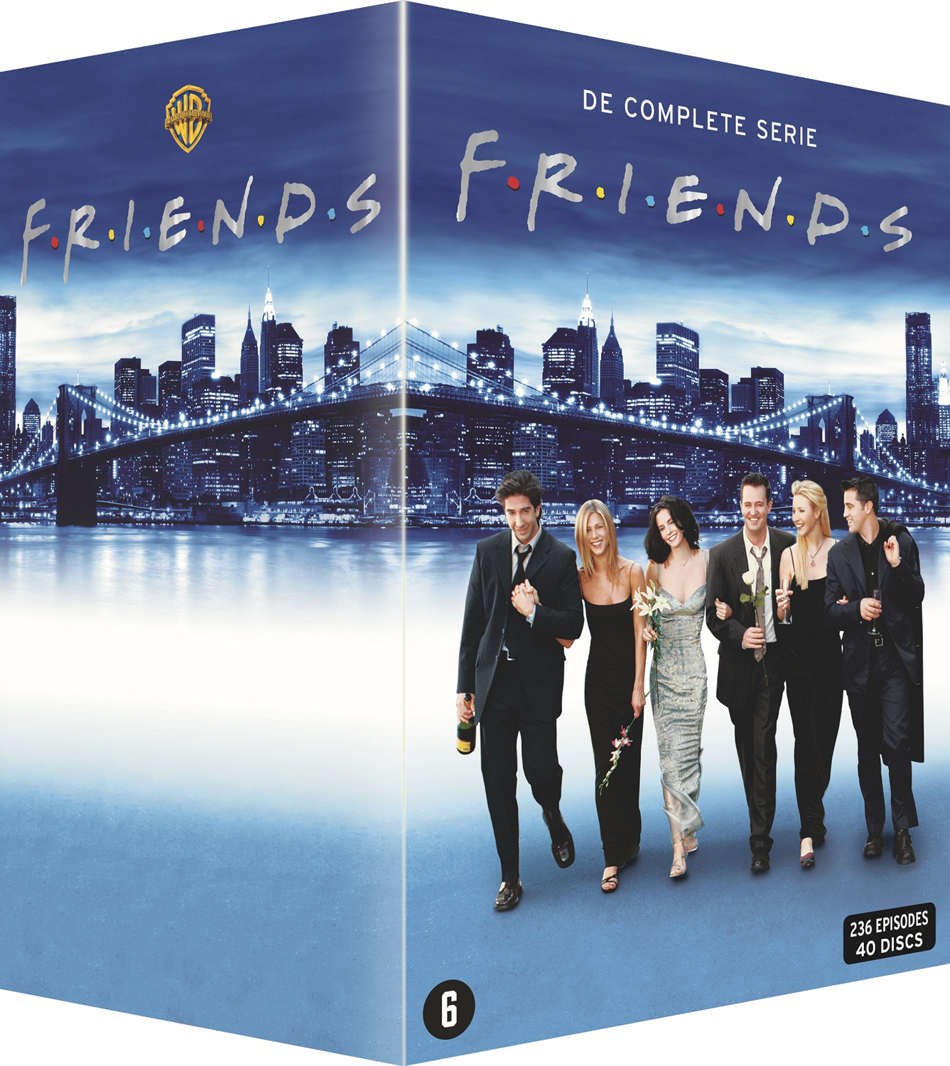 DVD boxset van Friends met de skyline van New York City. Toont de cast die over straat loopt.